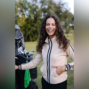 *KASTEL DENMARK* Beige Zip-Front Track Jacket w/ Contrast Stripes NWT Size Med